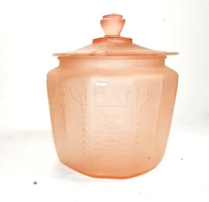 Tarro de galletas de vidrio satinado rosa vintage de la década de 1930 con flores pintadas a mano - Imagen 1 de 7