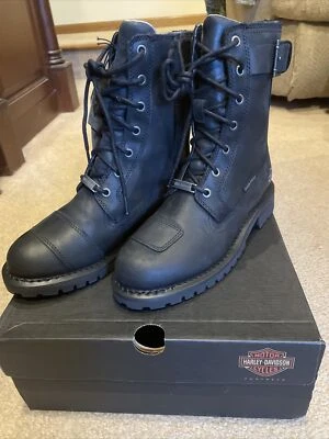 NIB WOMEN'S HARLEY DAVIDSON BREMERTON  BLACK MOTORCYCLE BOOTS 6 Waterproof Foto 1 de 4