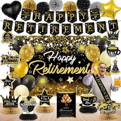 Happy Retirement Party Decorations for Men and Women - Black and Gold Banner,... - Image 1 of 4
