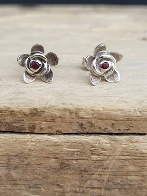 Sterling Silver, Ruby Pink Stone Rose Flower  Stud Earrings. 925 i HBC. Textured - Image 1 of 4