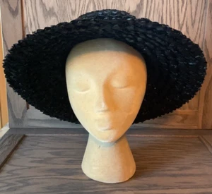 Women's Vintage Wide Brim Black Straw Hat with Black Hat Band Size 22” - Picture 1 of 13