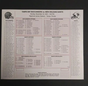 Tampa Bay Buccaneers vs Saints Football Media Guide Game Flip Card 23/12/2001 (b - Imagen 1 de 5