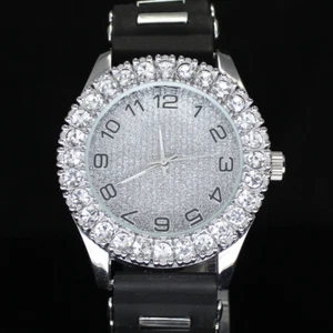Mens Big Face Analog Bezel 44mm CZ Silver Plated Rubber Strap Quartz Watch - Picture 1 of 8