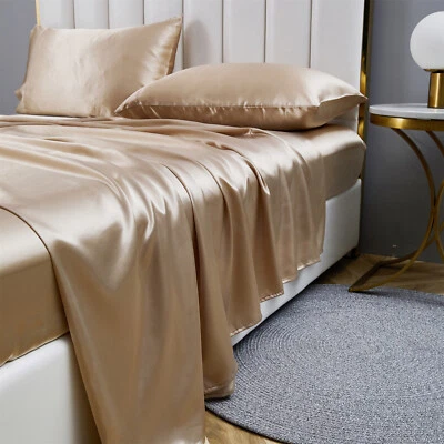 4PC King Size Satin Sheet Set Solid Color Bed Sheets Deep Pocket Fitted Sheet - Image 1 of 4