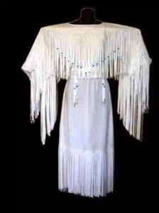 Women's White Leather Long Fringes Beaded Wedding Dress Powwow Regalia Maxi Coat - Picture 1 of 2