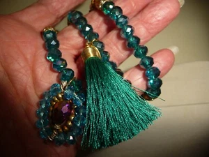 3 ROWS BLUE BEIGE  FACETED GLASS CRYSTAL BEADS w TASSEL STRETCH BRACELET #15/15A - Picture 1 of 5