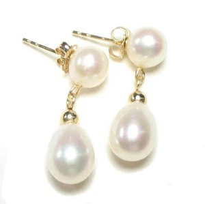 Pendientes colgantes de poste genuinos AAA de perlas blancas en oro amarillo 14K - Imagen 1 de 1