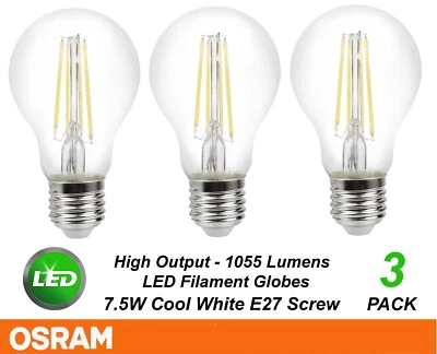 3 x Osram 7W LED Filament Light Globes Bulbs E27 Screw 1055Lm Cool White - Image 1 of 4