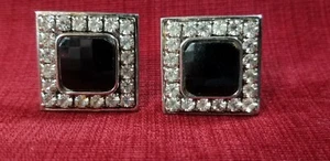 VINTAGE TESS SHOLOM DESIGNS CLIP EARRINGS BLACK & CLEAR GLASS RUNWAY COUTURE - Picture 1 of 12