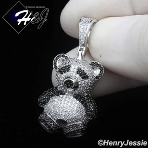 MEN WOMEN SOLID 925 STERLING SILVER ICY CZ 3D SILVER/BLACK PANDA PENDANT*SP460 - Picture 1 of 4