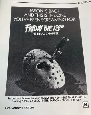 FRIDAY THE 13th THE FINAL CHAPTER Movie Mini Ad Sheet Promo Advertising Poster - Image 1 of 4