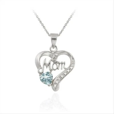 Corazón de plata esterlina con topacio azul y diamante con acento "mamá" Foto 1 de 2