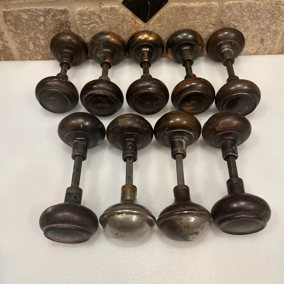 Antique Vintage Door Knob Set Lot Of 9 Complete Sets Metal Copper Finish Patina - Image 1 of 4
