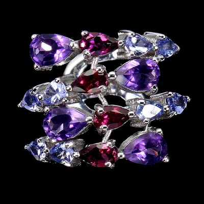 Anillo de plata de ley 925 pera amatista rodolita tanzanita piedras preciosas tamaño de joyería Foto 1 de 4