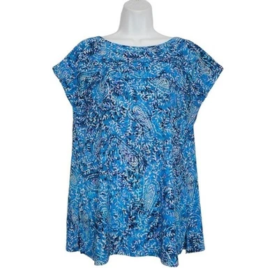 Top Dana Buchman para mujer talla L azul cuello barco manga corta estampado cachemira Foto 1 de 4
