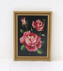 Vintage Tapestry Picture Completed Needlepoint Roses Flowers Framed 13” X 10” - Picture 1 of 8