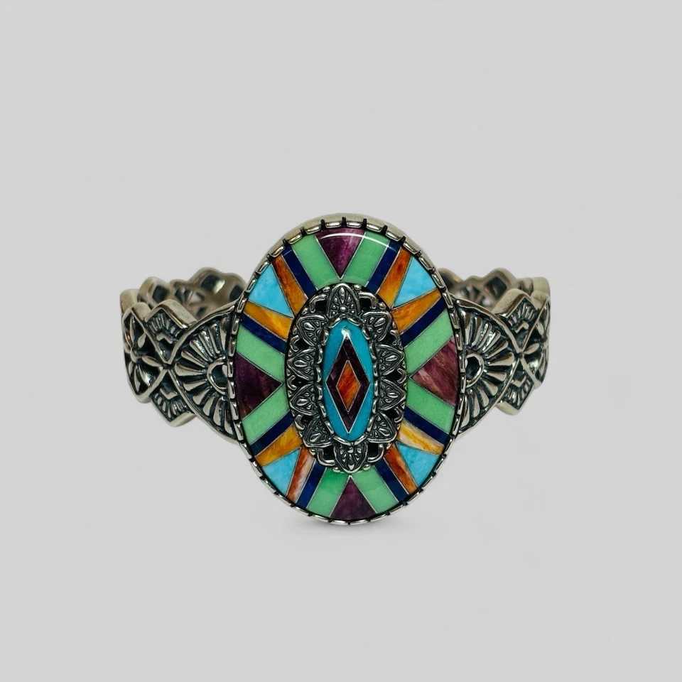 Carolyn Pollack 纯银 925 镶嵌马赛克袖口手链 6.5 英寸 — 第 1/4 张图片