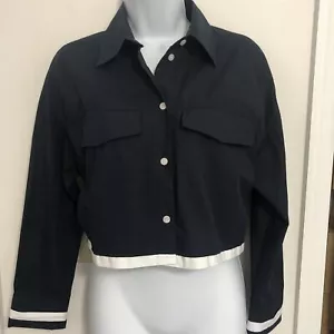 Blusa Zara cropped donna XS blu navy bottoni cotone popeline top camicia tasche - Foto 1 di 12