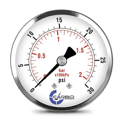 CARBO INSTRUMENTS 2-1/2" Pressure Gauge - Chrome Plated Steel Case, 1/4"NPT, Back Mnt. 30 PSI