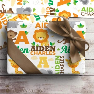 Jungle Animals Name Wrapping Paper Safari Baby Shower Gift Wrap Personalized Boy - Picture 1 of 4