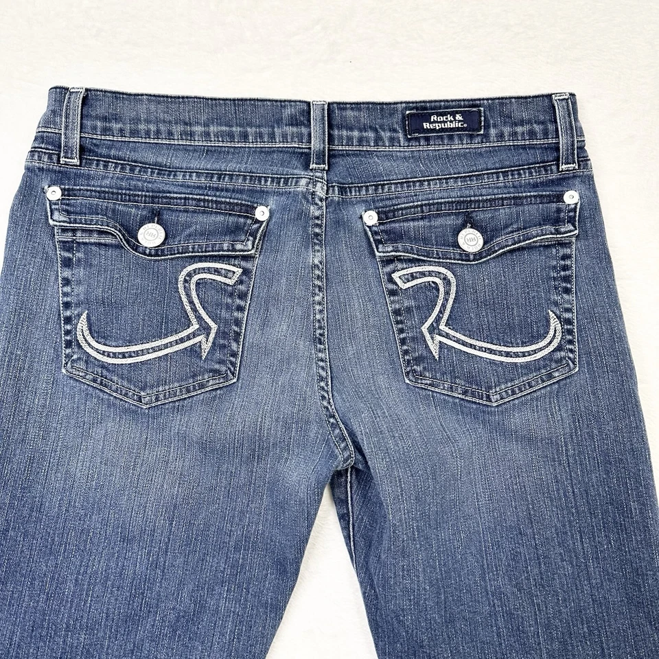 Pantalones de mezclilla Rock & Republic para mujer 31 Kurt tiro bajo corte boot lavado oscuro desvanecido solapa bolsillo Foto 1 de 4