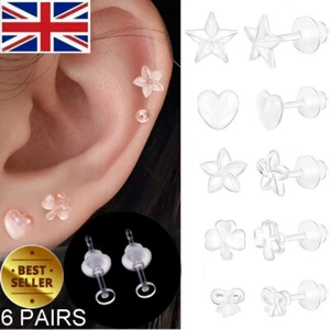 6 Style Invisible Clear Plastic Stud Earrings Acrylic Rubber Post Silicone Back - Picture 1 of 12
