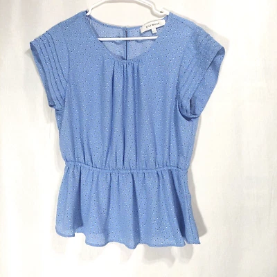 Lily White Womens Large Blouse Pleated Short Sleeves PePlum Hem Elastic Waist - Image 1 of 4