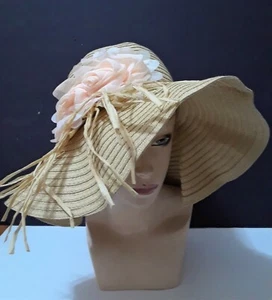 Beige Bucket Belt Floppy Wide Brim Visor Straw Hat Summer Sun Beach Flower Leaf - Picture 1 of 2