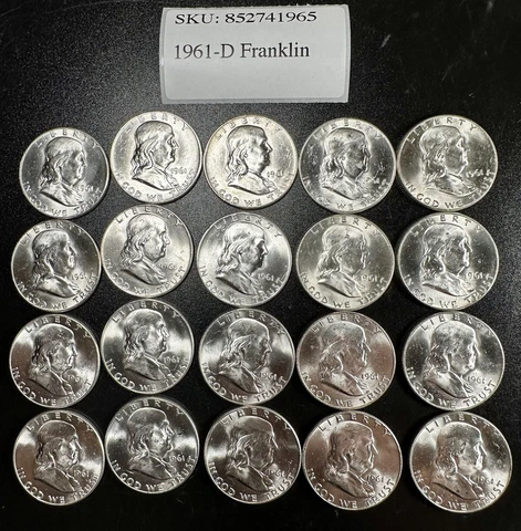Roll Of 20 Blast White 1961-D Gem Uncirculated Franklin Half Dollars 90% Silver Cover