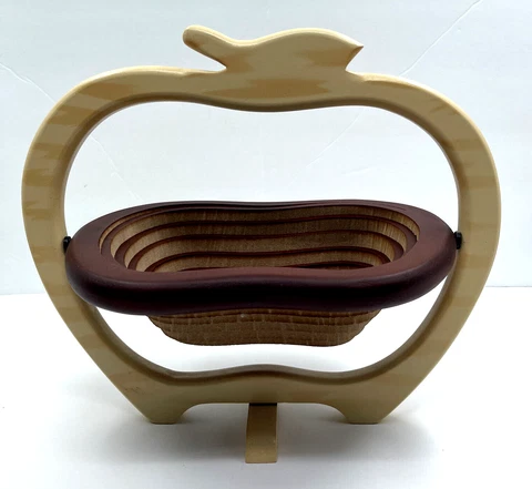 Apple Shaped Folding Collapsible Wooden Basket Fruit Bowl Country Décor Two Tone Cover
