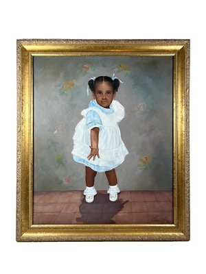BLACK AMERICANA YOUNG GIRL PORTRAIT VINTAGE 90S AFRICAN AMERICAN OIL PAINTING - Image 1 of 4