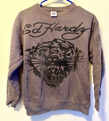 Ed Hardy Vintage Brown Pullover Sweatshirt Kids Size Large Christian   Audigier - Image 1 of 4