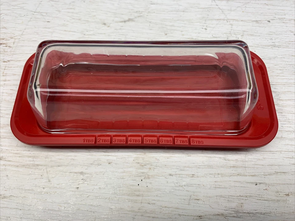 Good Cook Butter Dish Clear Glass Lid Red Plastic FRM04B Measurements On Side - Image 1 of 4