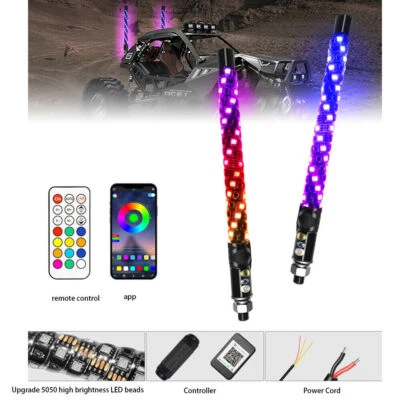 Wireless Remote Control RGB Lighted Spiral LED Whip Antenna For Polaris RZR ATV - Image 1 of 4