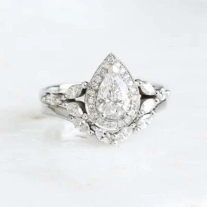 1.25Ct White Pear Cut CZ Halo Engagement Wedding Ring Set In 925 Sterling Silver - Picture 1 of 6