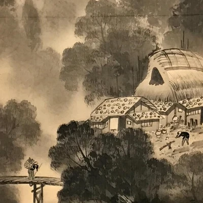 Pergamino colgante japonés de colección puente de montañas monocromo Sansui Kakejiku SC895 Foto 1 de 4