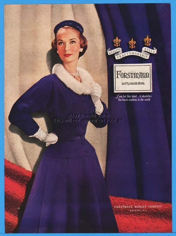 1954 Forstmann Lana Passaic NJ Mujer Vestido Púrpura Con Cuello de Piel Guantes Anuncio Foto 1 de 1