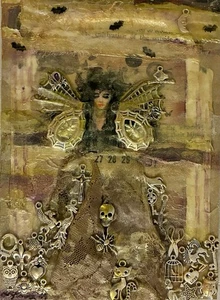Original Gothic Halloween Art Collage Jewelry Charms Painting “Dark Angel” - Picture 1 of 5