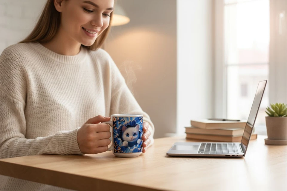 Taza de café/té de cerámica blanca de 15 oz, gatito blanco de pared con flores azules Foto 1 de 1