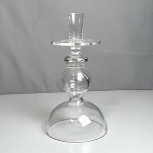 Hand-Blown Crystal Candlestick 11” w/ Wide Glass Bobeche, Dome Base, Modernist - Picture 1 of 11