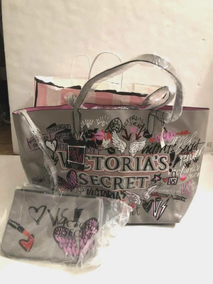 Victoria's Secret Limited Edition Graffiti Print Tote Bag Gray Purse And Pouch - Image 1 of 4