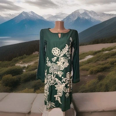 LimeLight Embroidered Ethnic Kurti Tunic Green Silk Blend M (S) Boho Dress - Image 1 of 4