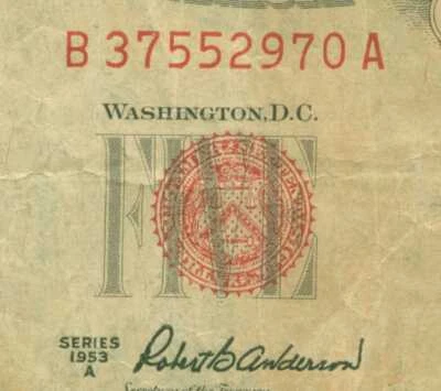 1953  $ 5. ( B 970 A)  World paper money currency banknotes  - Image 1 of 3