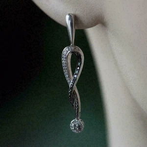 Gorgeous Simulated Round Cut Black Onyx & White Sapphire Drop Women's Earrings - Picture 1 of 7
