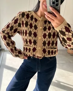 Zara Argyle Heavy Knit Cardigan Pullover Camel Burgund Grün S L 6427/137 Neu - Bild 1 von 24