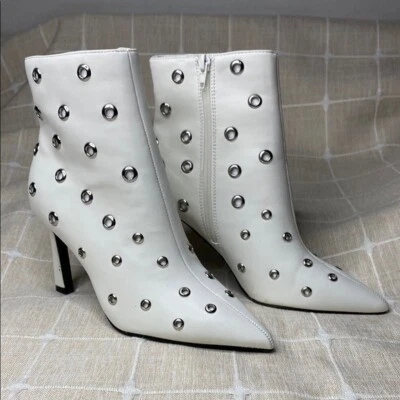 Womens Anne Michelle White Ankle Boots Pointed Toe Stiletto Heel Grommet Accents - Image 1 of 4