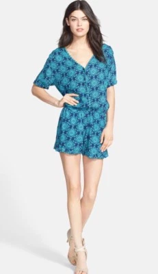 Nuevo con etiquetas Pantalones Cortos Ella Moss Azul Marino “Moselle” Estampado de Azulejos Botones Mameluco Talla L Grande Foto 1 de 4