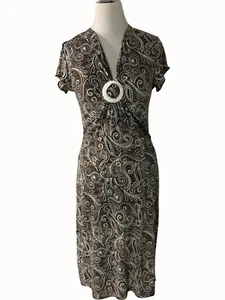 New Directions Womens Brown Paisley Midi Dress Buckle Accent Short Sleeve Small - Picture 1 of 9