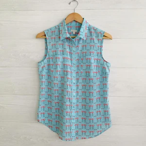 Talbots - Blue pink flamingo sleeveless easy care button up top, S - Picture 1 of 5