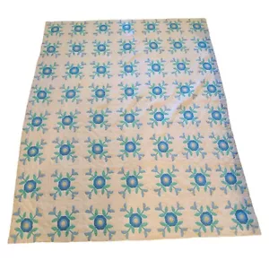 Vintage Blue Floral Applique quilt 89" x 104" queen cottagecore farmhouse - Picture 1 of 11